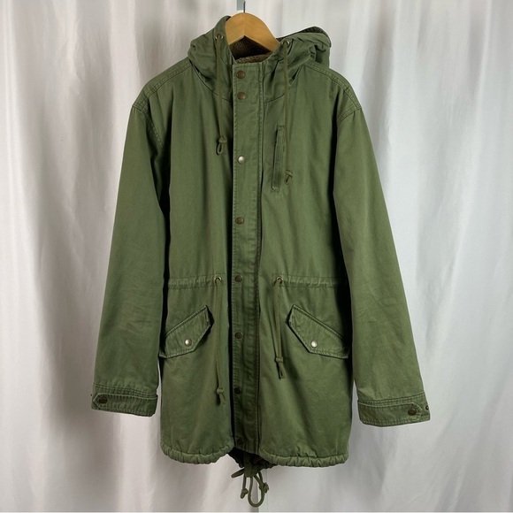 Weatherproof Vintage Large Sherpa Hooded Olive Green Long Parka Coat Canvas - Picture 2 of 12